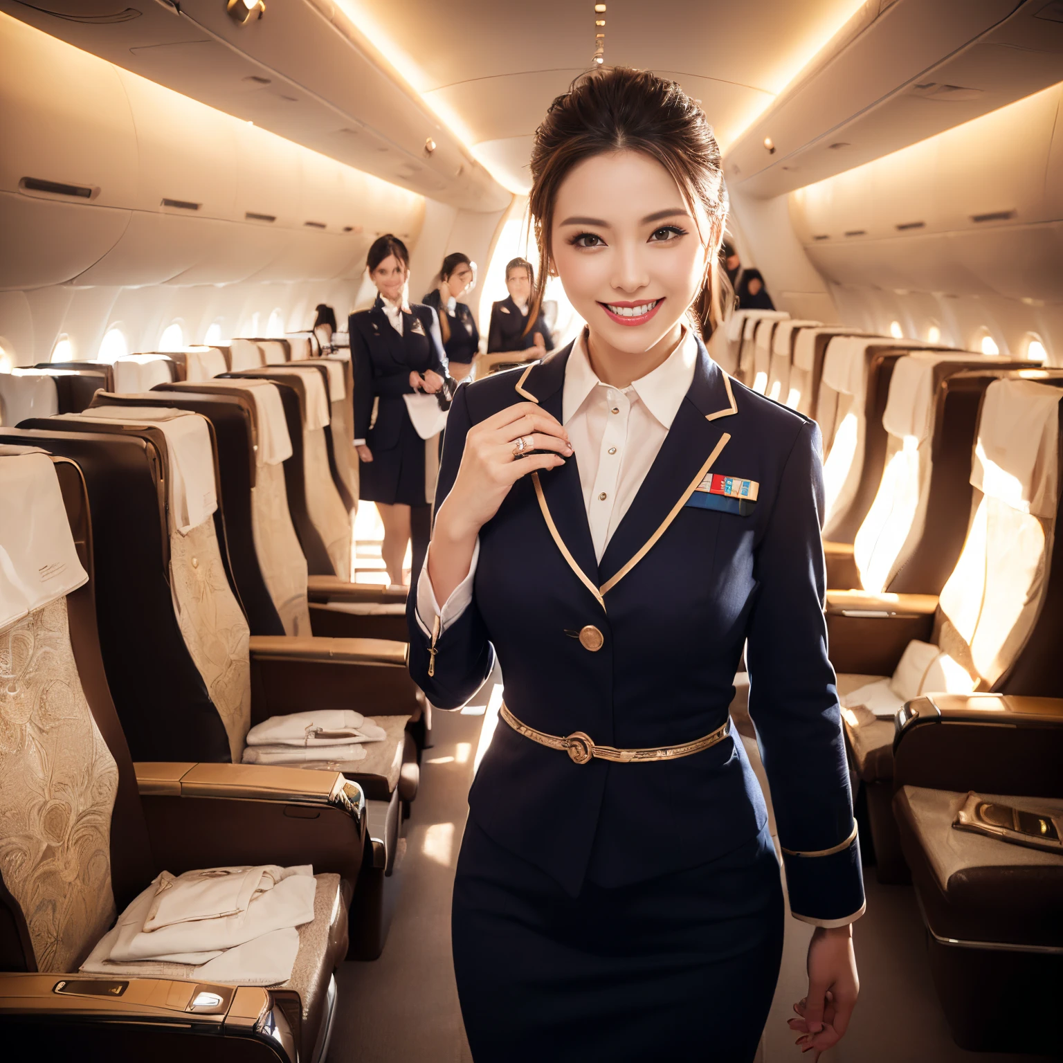 ((top-quality、masutepiece、8K、Top image quality、Hyper-Realism))、((1 female stewardess、walk gracefully down the aisle、cowboy  shot、Take a photo of her from the waist up))、((The background is an airplane aisle))、((the most luxurious interior、The most luxurious and exclusive airplane interiors、luxurious royal interior、Top class seats:1.5)、((The perfect stewardess uniform))、(Exposing the forehead、Chignon)、The Biggest Smile、white big teeth、Perfect makeup、long eyelashes、View me、smile your best smile、perfect anatomia、Bright lighting