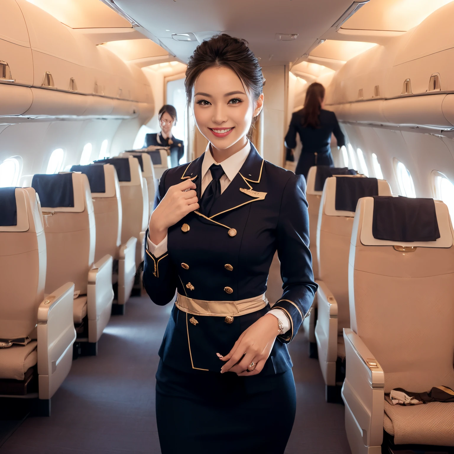 ((top-quality、masutepiece、8K、Top image quality、Hyper-Realism))、((1 female stewardess、walk gracefully down the aisle、cowboy shot、Take a photo of her from the waist up))、((The background is an airplane aisle))、((the most luxurious interior、The most luxurious and exclusive airplane interiors、luxurious royal interior、Top class seats:1.5)、((The perfect stewardess uniform))、(Exposing the forehead、Chignon)、The Biggest Smile、white big teeth、Perfect makeup、long eyelashes、View me、smile your best smile、perfect anatomia、Bright lighting