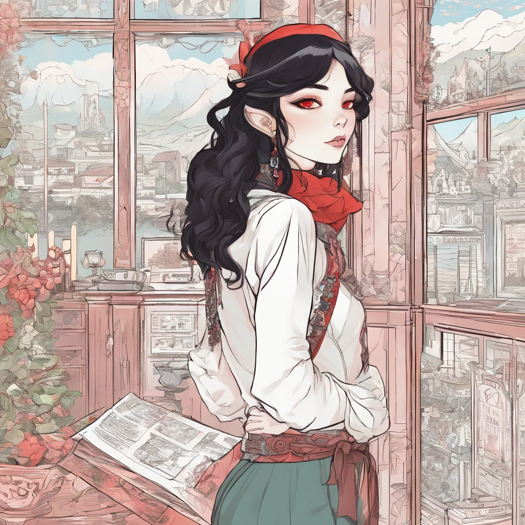 Elf girl with red eyes, light skin/pale, black hair, gothic style clothing, in a calm environment like a comfy cabin