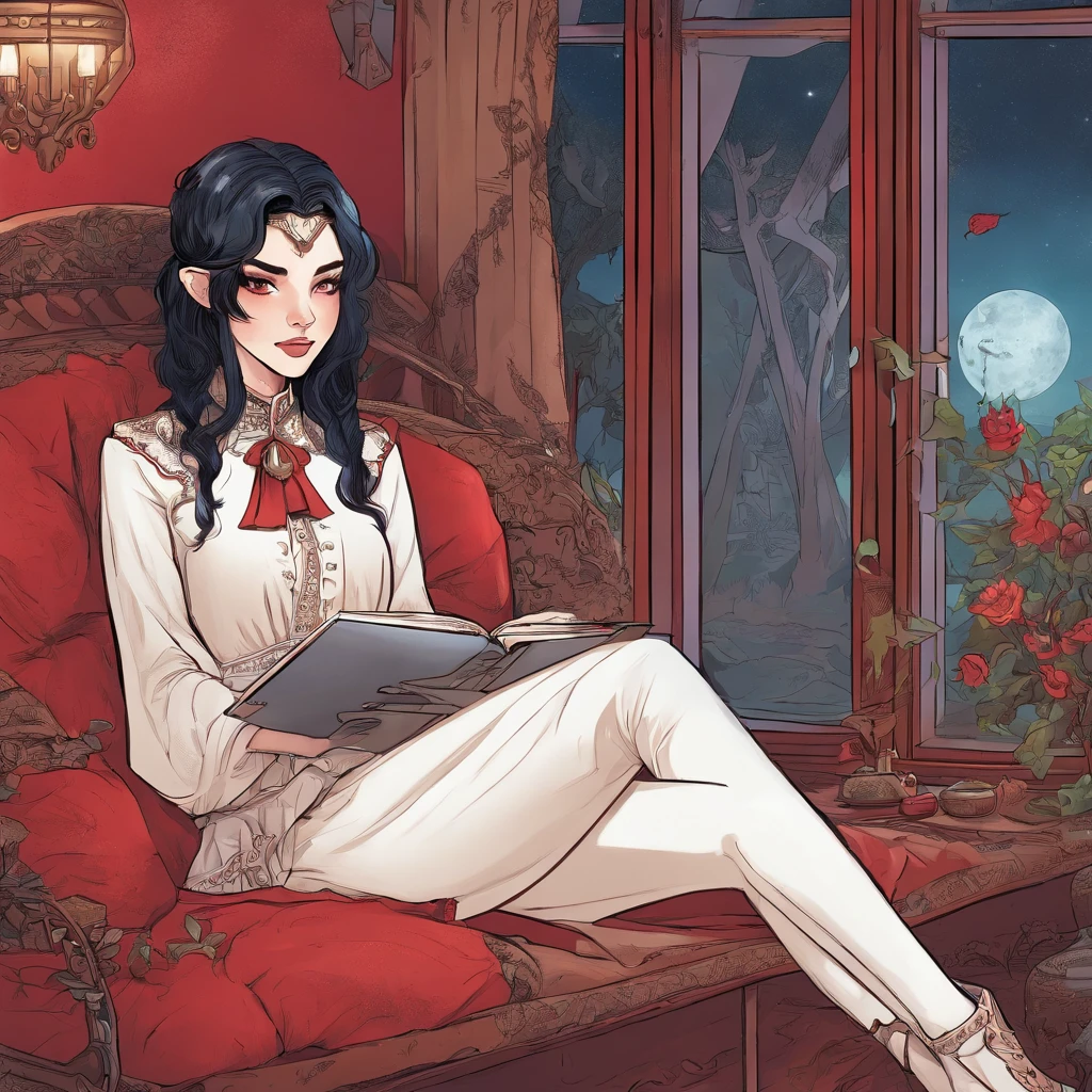 Elf girl with red eyes, light skin/pale, black hair, gothic style clothing, in a calm environment like a comfy cabin