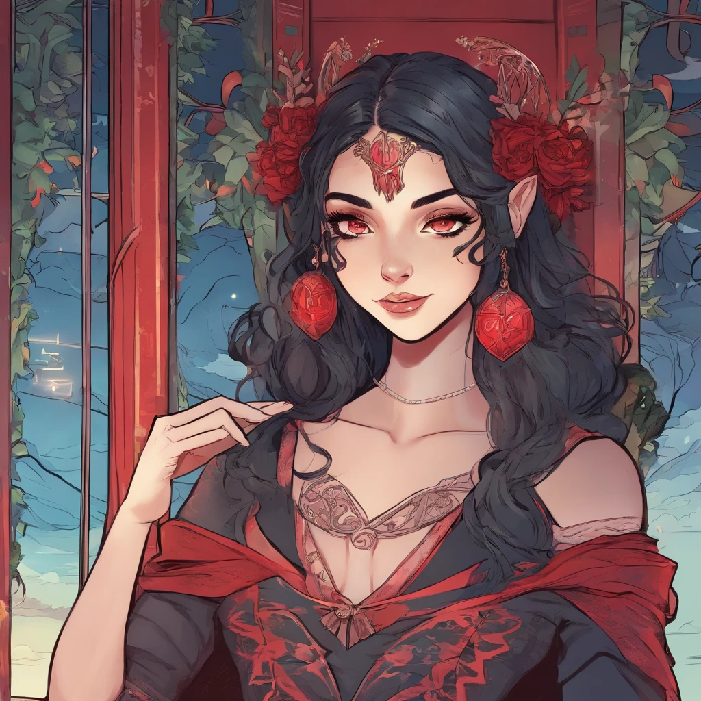 Elf girl with red eyes, light skin/pale, black hair, gothic style clothing, in a calm environment like a comfy cabin
