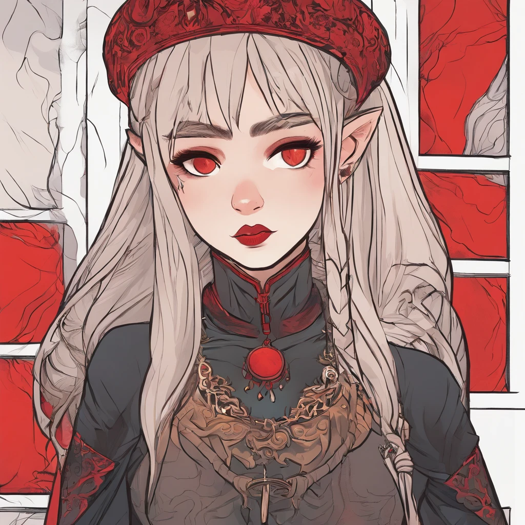 Elf girl with red eyes, light skin/pale, black hair, gothic style clothing, in a calm environment like a comfy cabin