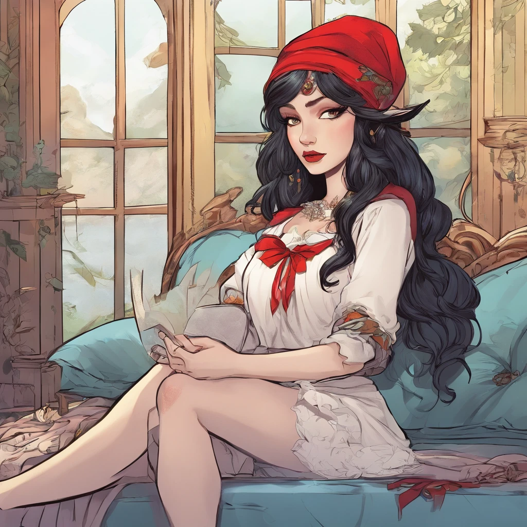 Elf girl with red eyes, light skin/pale, black hair, gothic style clothing, in a calm environment like a comfy cabin