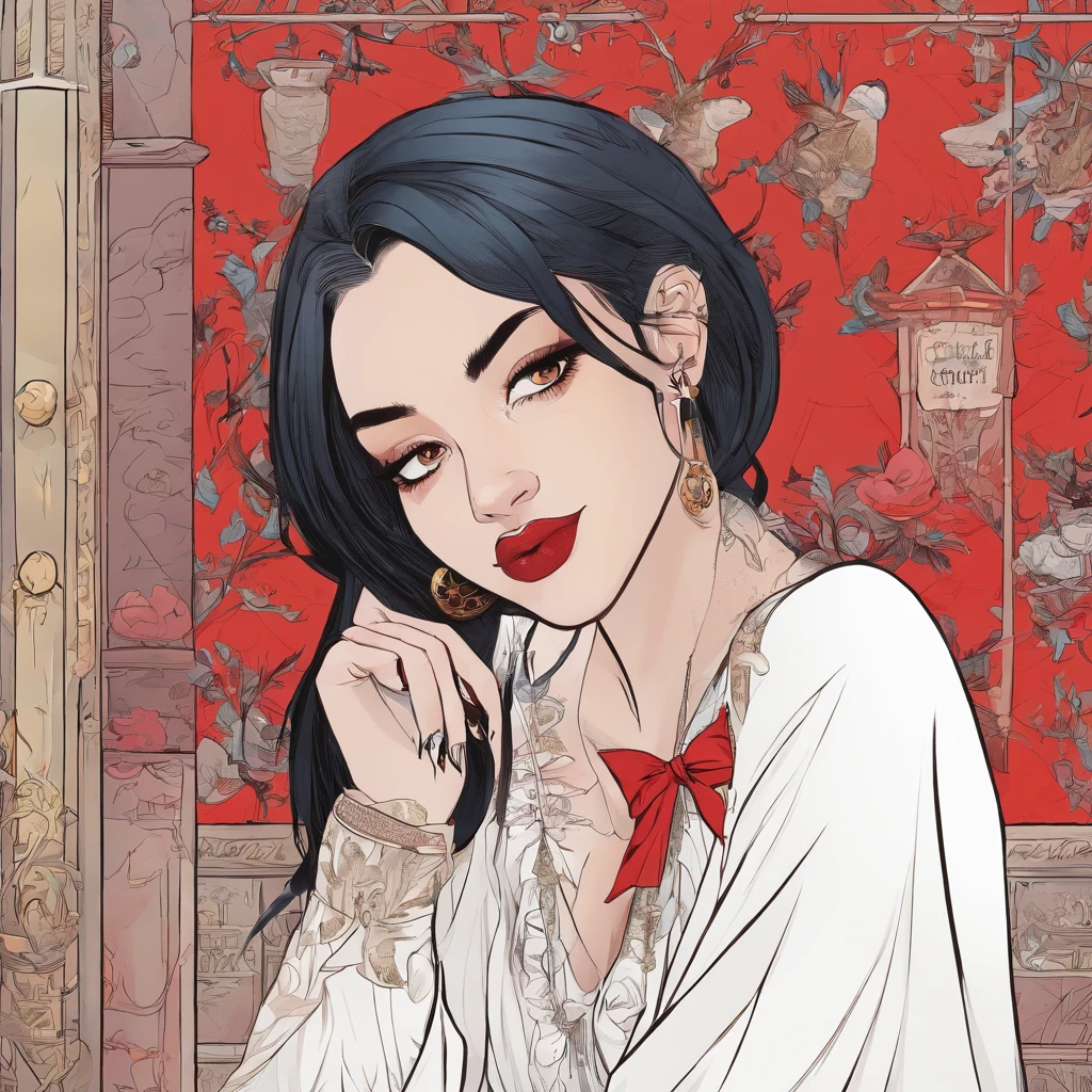 Elf girl with red eyes, light skin/pale, black hair, gothic style clothing, in a calm environment like a comfy cabin