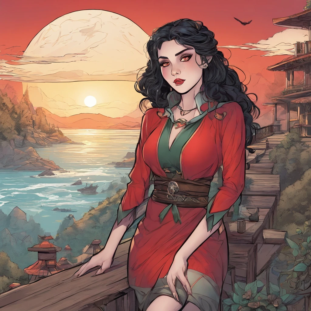 Elf girl with red eyes, light skin/pale, black hair, gothic style clothing, in a calm environment like a comfy cabin