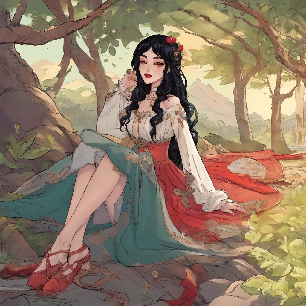 Elf girl with red eyes, light skin/pale, black hair, gothic style clothing, in a calm environment like a comfy cabin