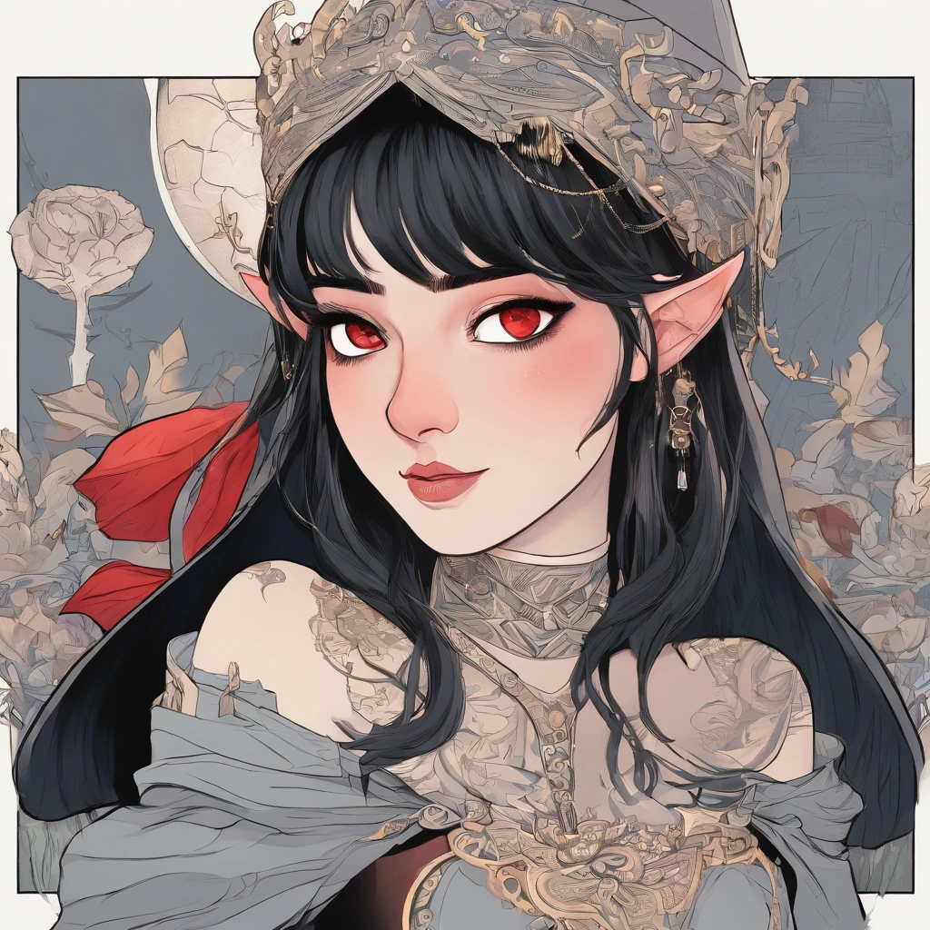 Elf girl with red eyes, light skin/pale, black hair, gothic style clothing, in a calm environment like a comfy cabin