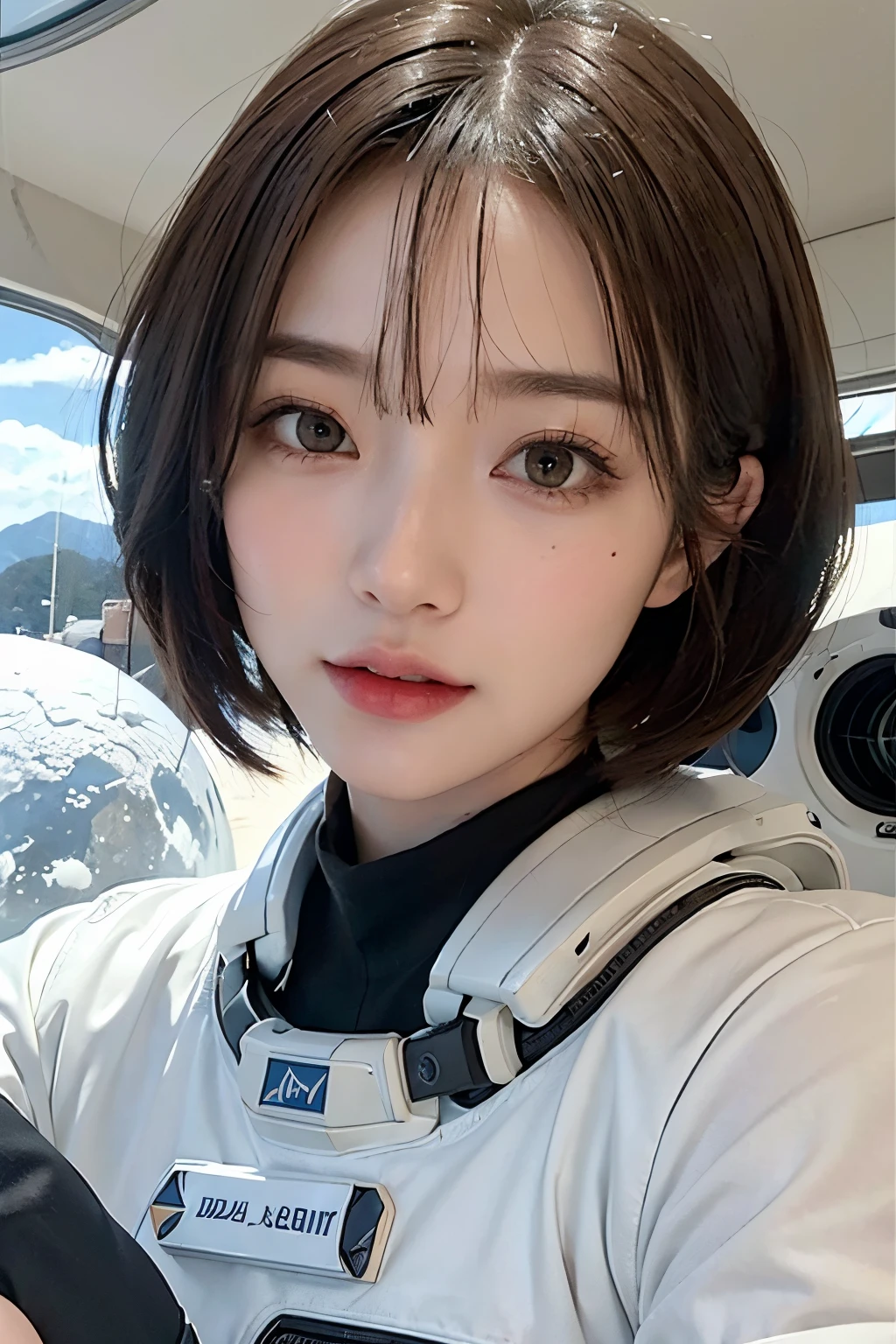top-quality、masterpiece、超A high resolution、(realisitic:1.4)、Beautuful Women1、Beautiful detail eyes and skin、ssmile、Light brown short-cut hair、The perfect spacesuit、spaceships、cosmic space、iced&Snow Planet、cloudy ash sky、weak sunshine、