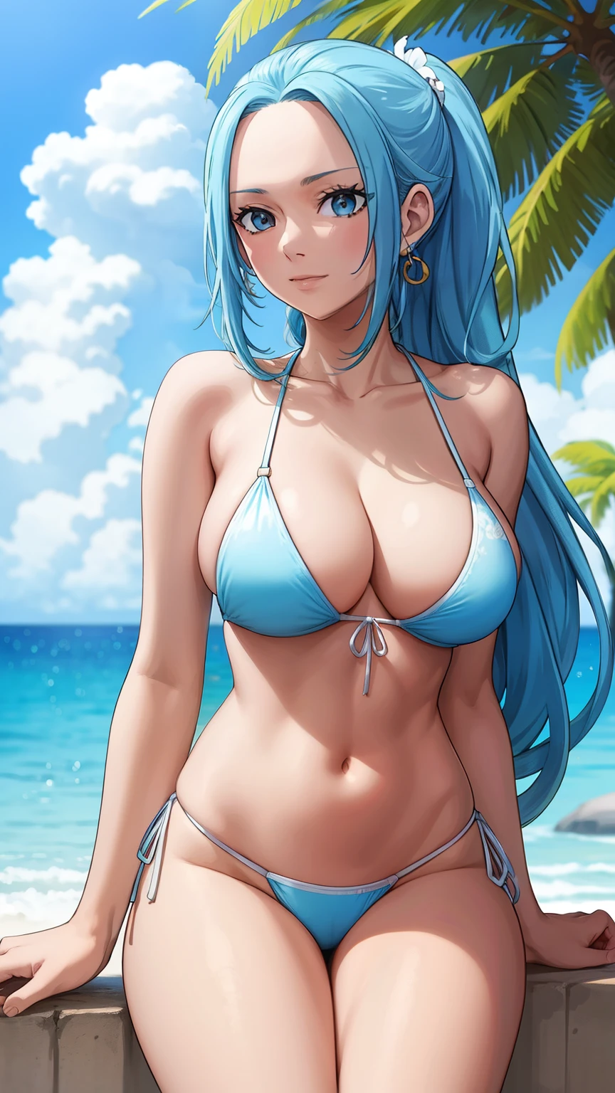 vivi from anime one piece, long hair, light blue hair, ponytail hair, perfect body, perfect breasts, beautiful woman, very beautiful, wearing a beach bikini, white bikini blue flower drawing, being on the beach, coconut tree, Realism, masterpiece, textured skin, super detailed, high detailed, high quality, best quality, 1080P, HD, 16k