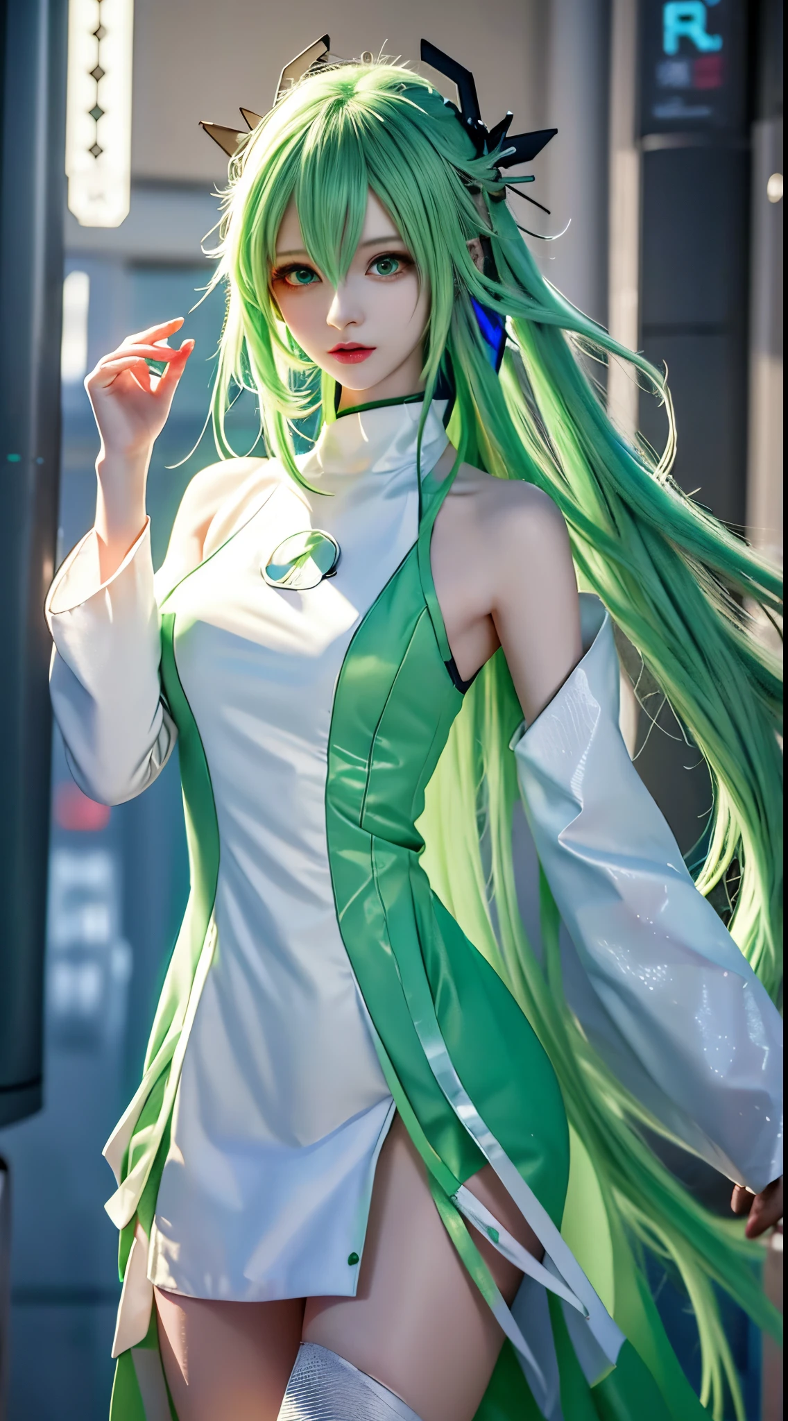 anime girl with green eyes and a white dress holding a green light, perfect android girl, digital cyberpunk anime art, cyberpunk anime girl mech, anime cyberpunk art, cute cyborg girl, cyberpunk anime girl, digital cyberpunk - anime art, female cyberpunk anime girl, anime robotic mixed with organic, artwork in the style of guweiz, cyberpunk anime art, dreamy cyberpunk girl