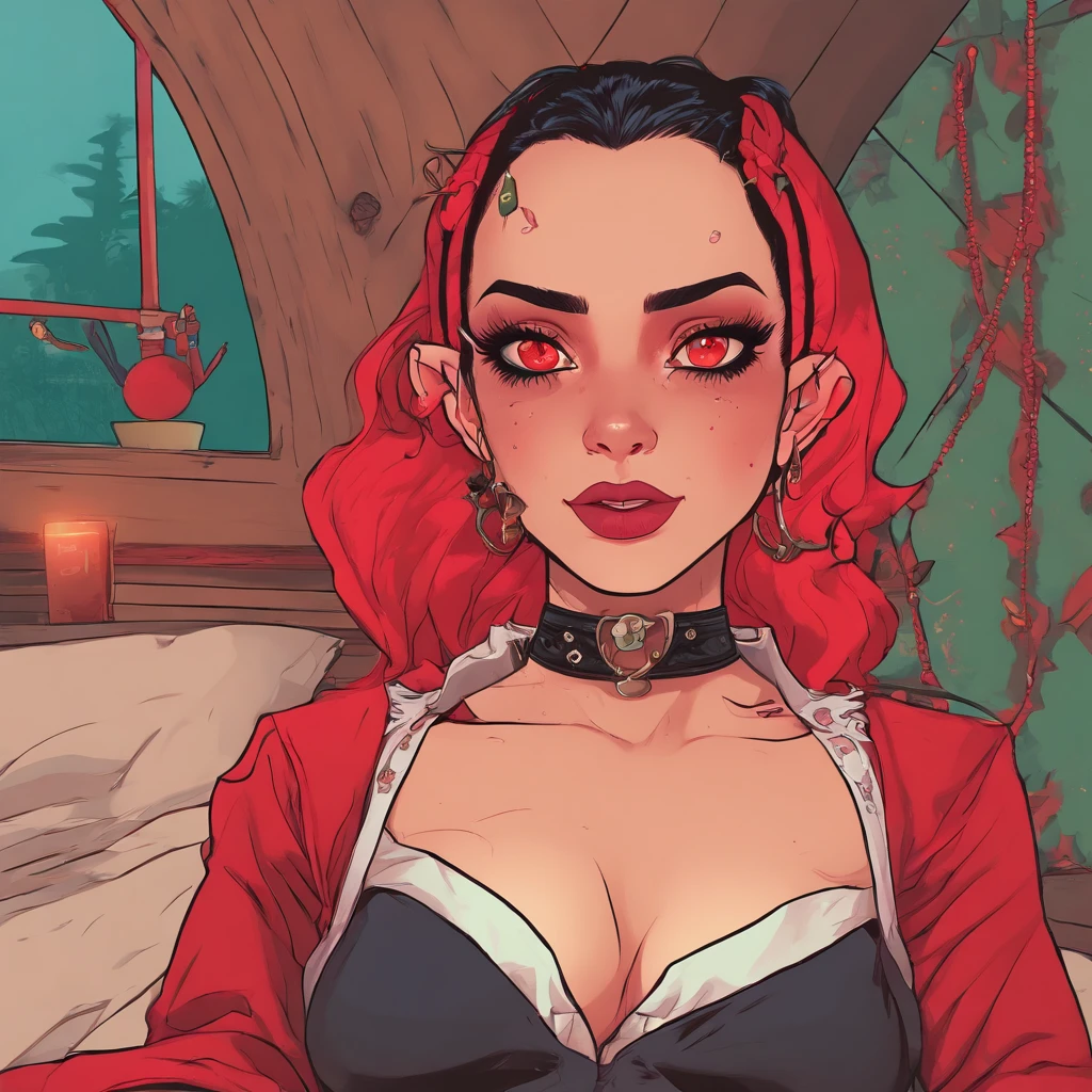 Elf girl with red eyes, light skin/pale, black hair, gothic style clothing, in a calm environment like a comfy cabin