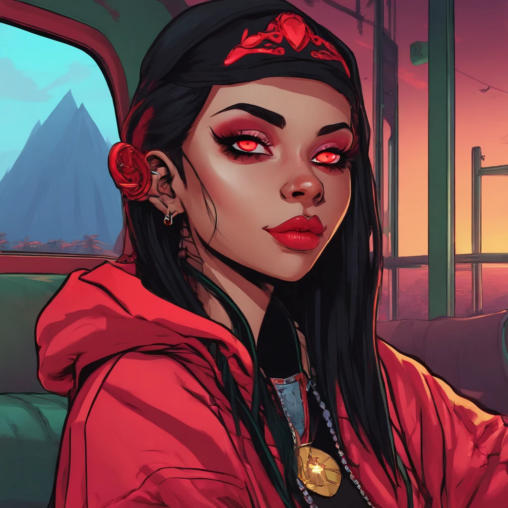 Elf girl with red eyes, light skin/pale, black hair, gothic style clothing, in a calm environment like a comfy cabin