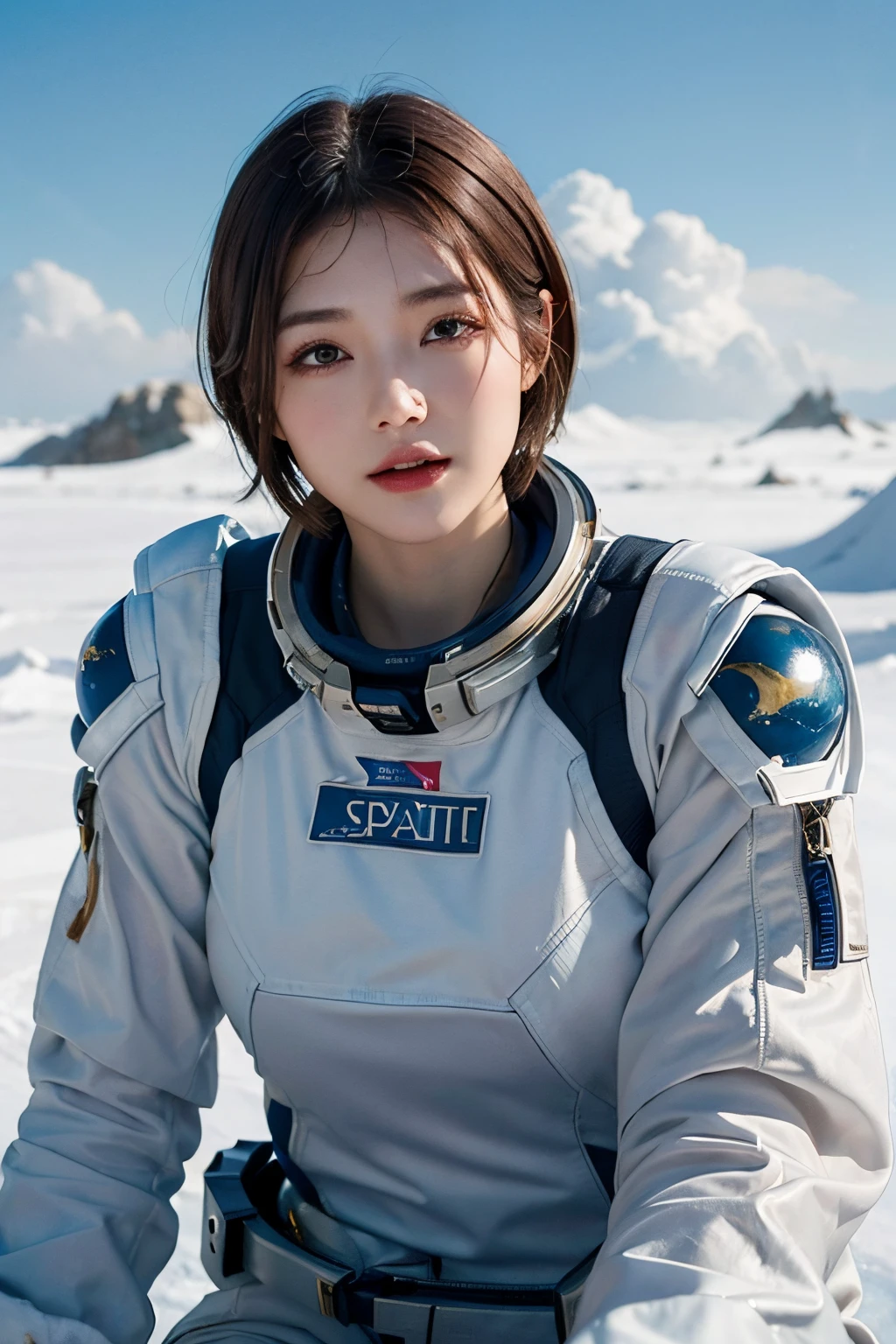 top-quality、​masterpiece、超A high resolution、(realisitic:1.4)、Beautuful Women１、Beautiful detail eyes and skin、ssmile、Light brown short-cut hair、The perfect spacesuit、spaceships、cosmic space、iced&Snow Planet、cloudy ash sky、