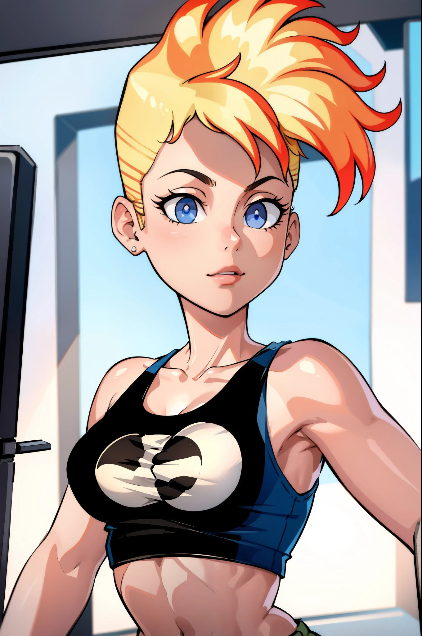 ((masterpiece, best quality)),(complex light),1girl, solo, upper body, portrait, jenny test,  blonde hair,blue eyes, pants, running, midriff, open shirt, tank top, short hair, short sleeves shirt, looking at the viewer,