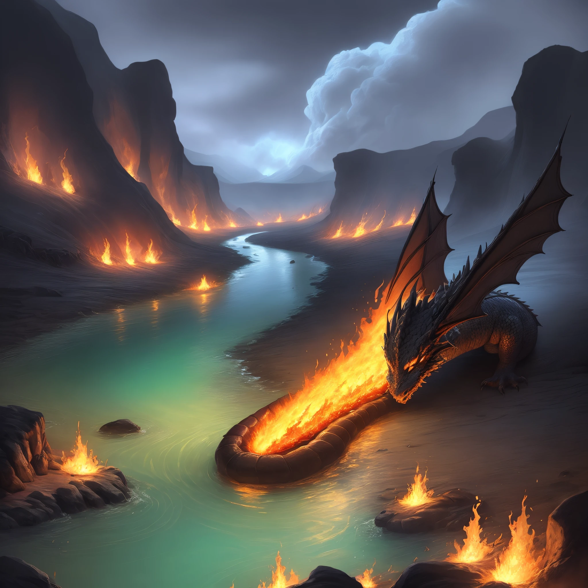 Dragon curled up breathing fire into a river of lava