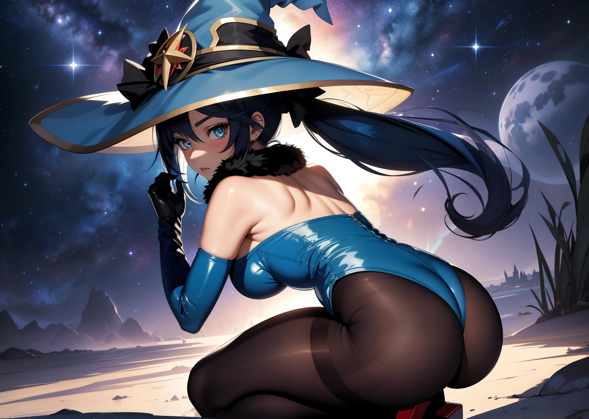 [mona_genshin], ((masterpiece)), ((HD)), ((beautiful render art)), ((solo portrait)), ((full body)), ((back view)), ((cinematic lighting)), ((anime)), ((detailed shading)), ((intricate details)), {(slim figure), (cute blue eyes), short eyelashes, long indigo hair, (twintails), (small boobs), (gorgeous wide hips), (thick thighs), (beautiful legs), (blushing), (expressionless)}, {(blue leotard), (witch hat), (opaque pantyhose), (black gloves)}, {(crouching), (bending over), (looking over shoulder), (looking at viewer)}, [Background; (cosmic), (starry sky), (galaxy)]