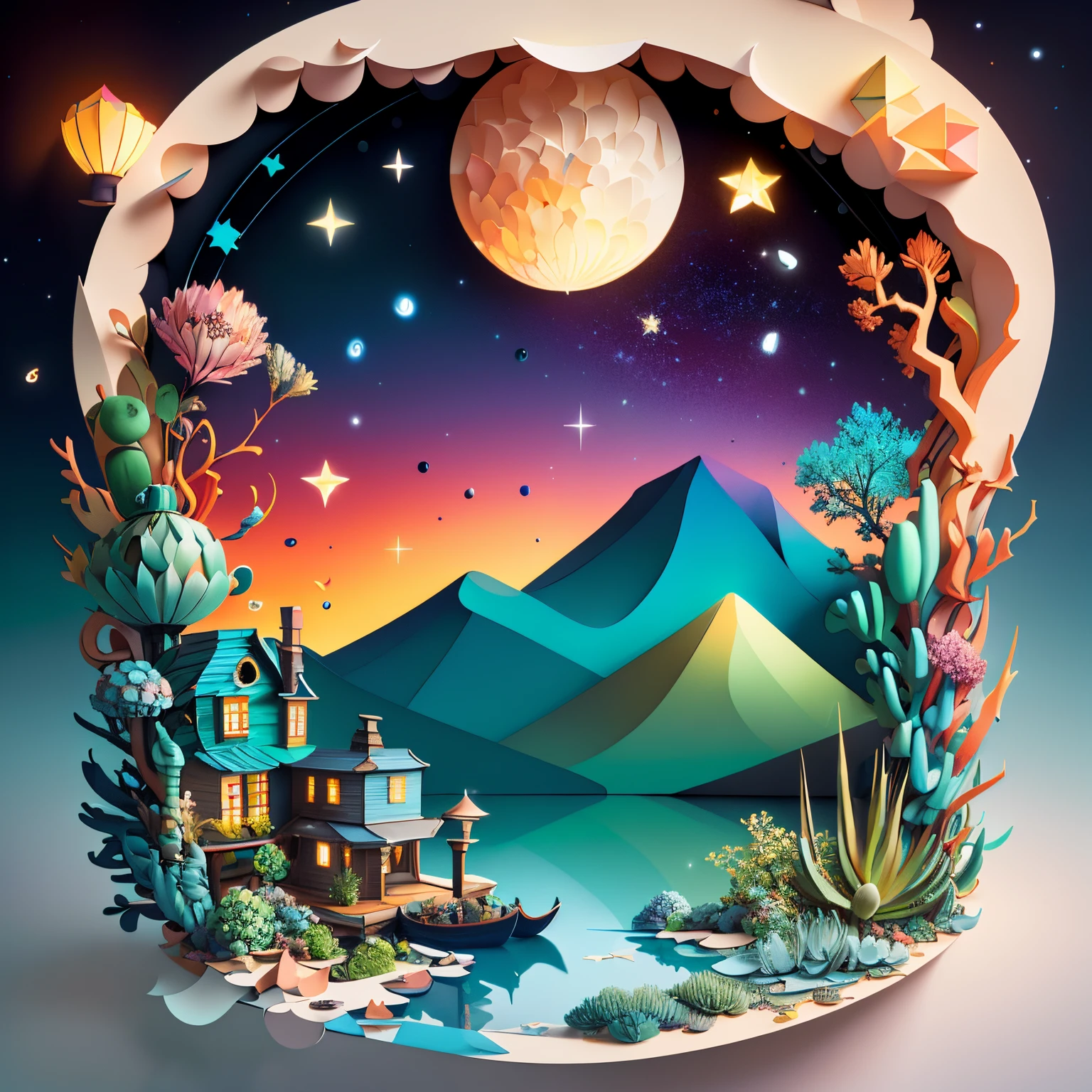(tmasterpiece),beste-Qualit, illustartion, (succulent haworthia), The sky, Cloud, water, Star \(symbol\), succulent, Without people, the night, bird, luna, hut, Star \(The sky\), night sky, scenery, a starry sky, canoe, waves. bright color scheme, soft light (warm color: 1,2), aquarelle painting, light background, Exquisite details of the highest quality, 3D Rendering, Octane rendering, pastel, paper_cut