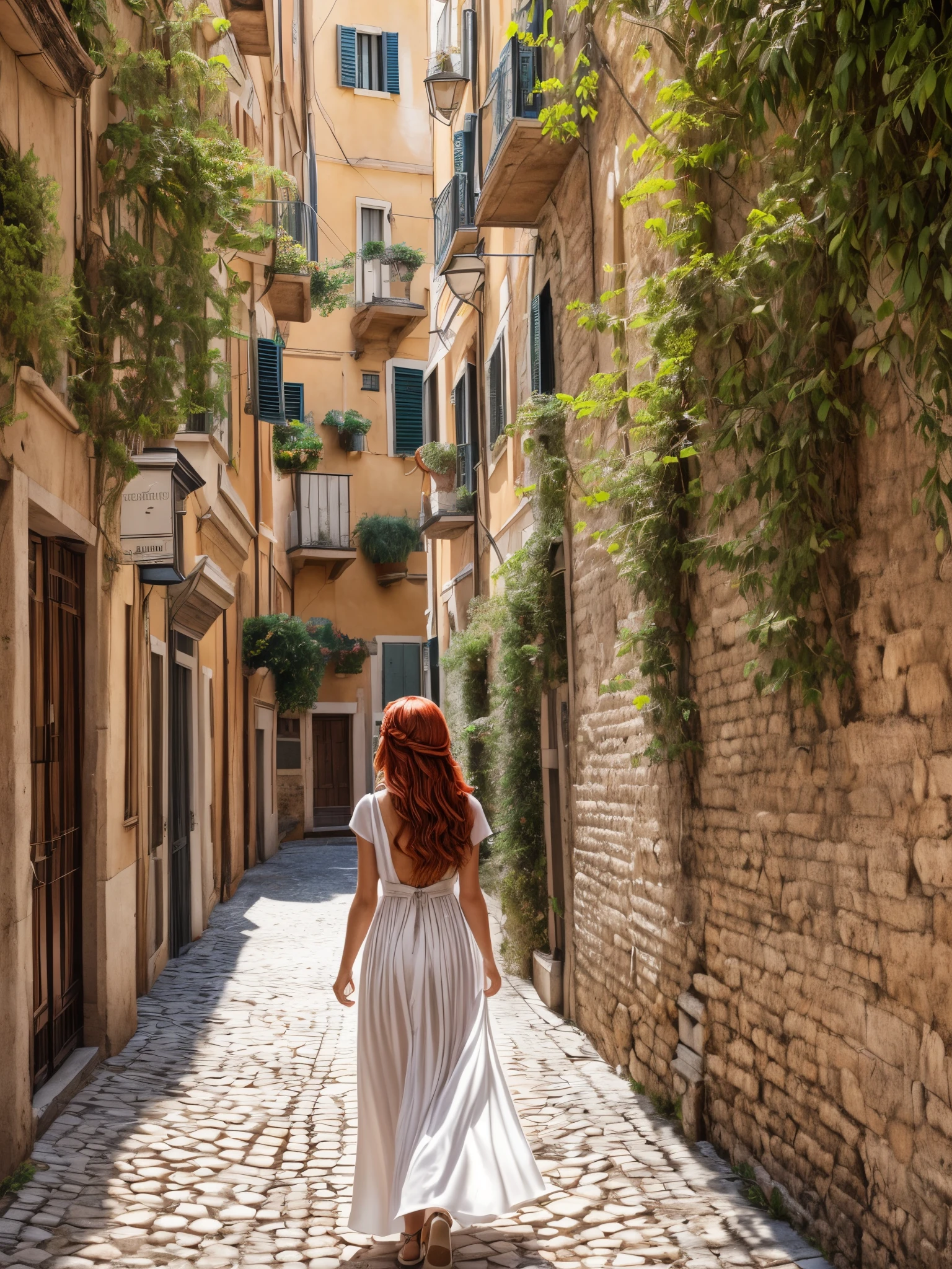 Develop a high-quality image with advanced details and a cinematic style, depicting a woman from behind, walking through the charming streets of Rome on a sunny afternoon. Her red hair should flow softly in the wind, complementing the serene atmosphere of the scene. Dress her in an elegant long dress, without cleavage, that highlights her sophistication without losing her naturalness. Highlight the architectural details of Roman streets, incorporating plays of light and shadow to create a visually captivating and engaging composition --auto --s2