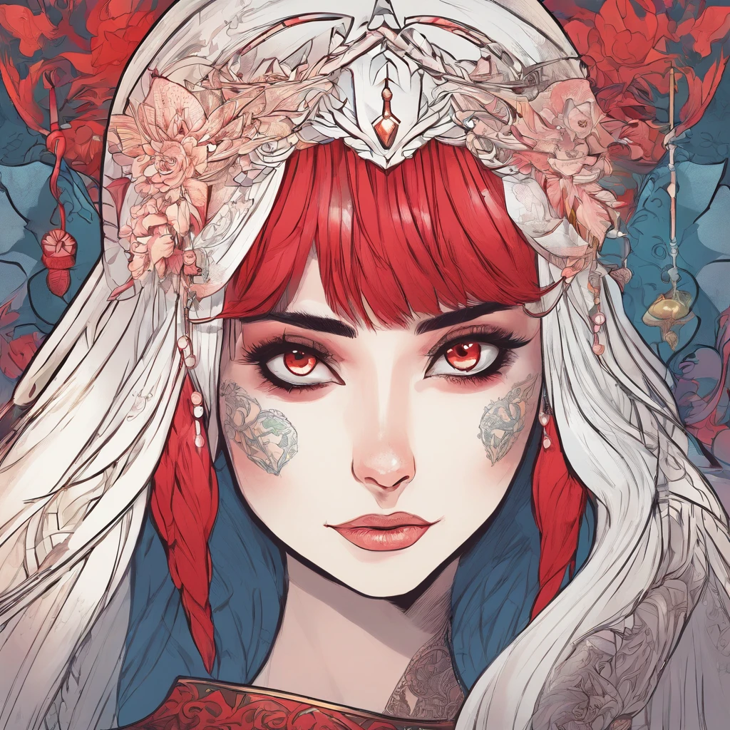 Elf girl with red eyes, light skin/pale, black hair, gothic style clothing, in a calm environment like a comfy cabin