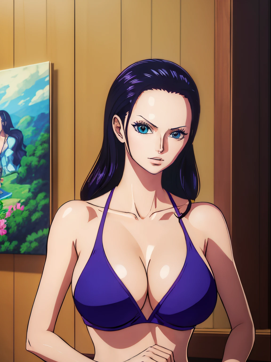 (( masterpiece, 12k quality, )), nico robin, solo. anime girl, one piece anime, blue eyes, perfect eyes, (( wano style art)), big breast, bikini, leaning towards camera, looking at viewer , portrait of nico robin,