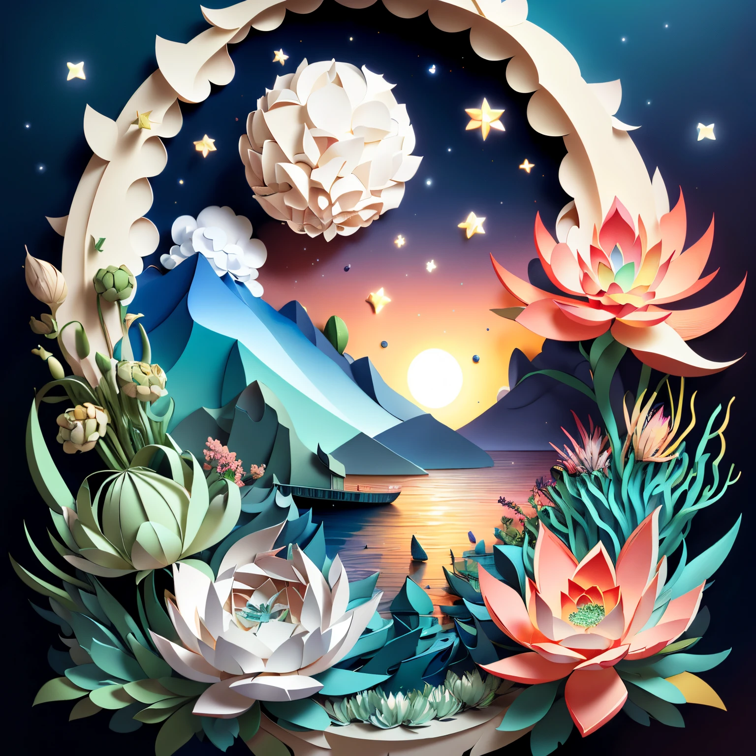 (tmasterpiece),beste-Qualit, illustartion, (succulent haworthia), The sky, Cloud, water, Star \(symbol\), succulent, Without people, the night, bird, luna, hut, Star \(The sky\), night sky, scenery, a starry sky, canoe, waves. bright color scheme, soft light (warm color: 1,2), aquarelle painting, light background, Exquisite details of the highest quality, 3D Rendering, Octane rendering, pastel, paper_cut