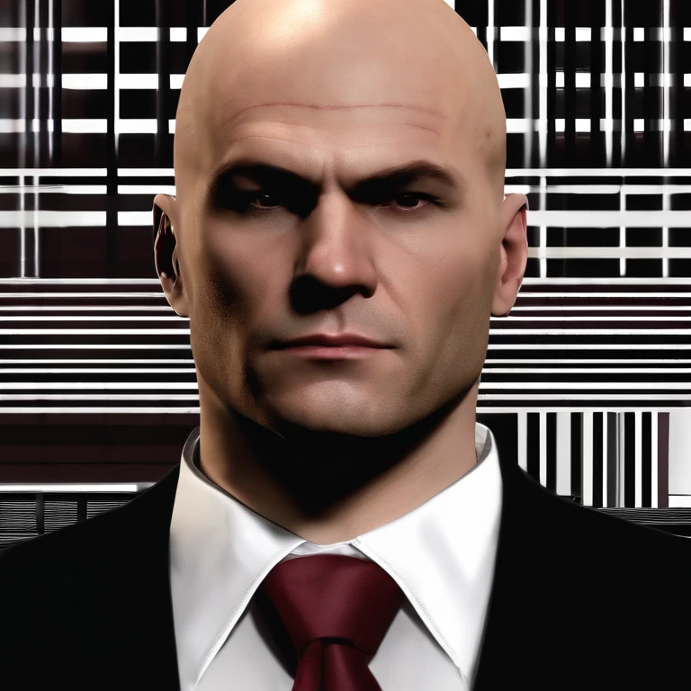 Agent 47 has a tattoo on the back of his head in the style of a barcode. He is bald. 47's typical attire consists of a black suit, black leather gloves and shoes, white dress shirt, and a burgundy tie.,Hitman series,Agent 47 has a tattoo on the back of his head in the style of a barcode. He is bald. 47's typical attire consists of a black suit, black leather gloves and shoes, white dress shirt, and a burgundy tie.,face,photo