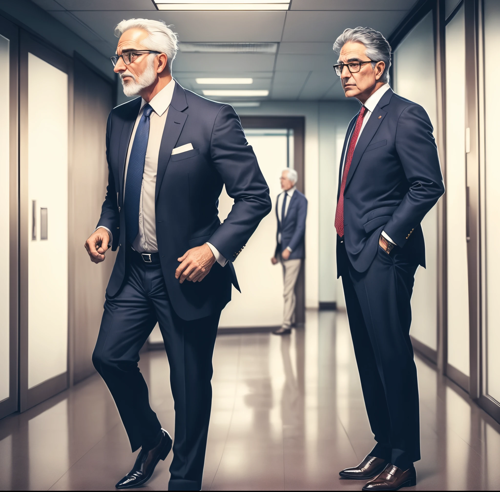 3 old men in suit discussing in office out of three one is standing