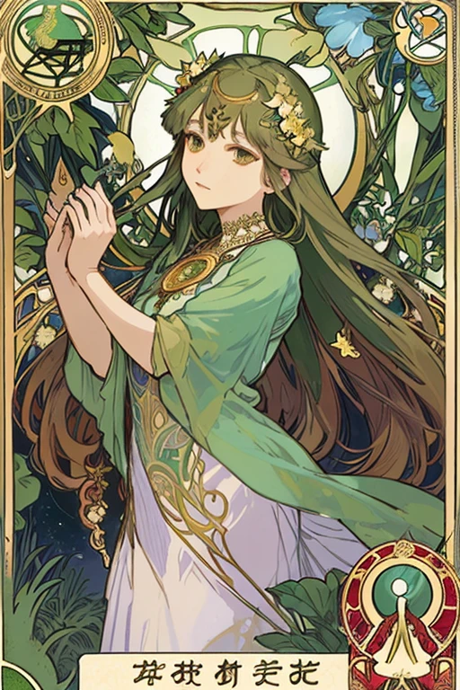 tmasterpiece、topquality、Alphonse Mucha、Jugendstil、
(Tarot card style:1.3)、Unique Tarot Card Structure, including floral and green elements、Upper torso、looking at the viewers、
In the middle of a green garden、The Mysterious Girl 、Dance with Unearthly Creatures。
roses、lily、Cherry treesleaves、moss、vine、Elegant dresses, Inspired by nature、Necklace with flowers and leaves、hair ornaments、Butterflies、bird、bee、Tarot symbols, Reimagined with floral and green ornaments、godesses、Flower Garden、woods、Natural background, like a, For example, shore of the lake、Efficient use of light and shadow、
Realistic & ultra realisic, kindness