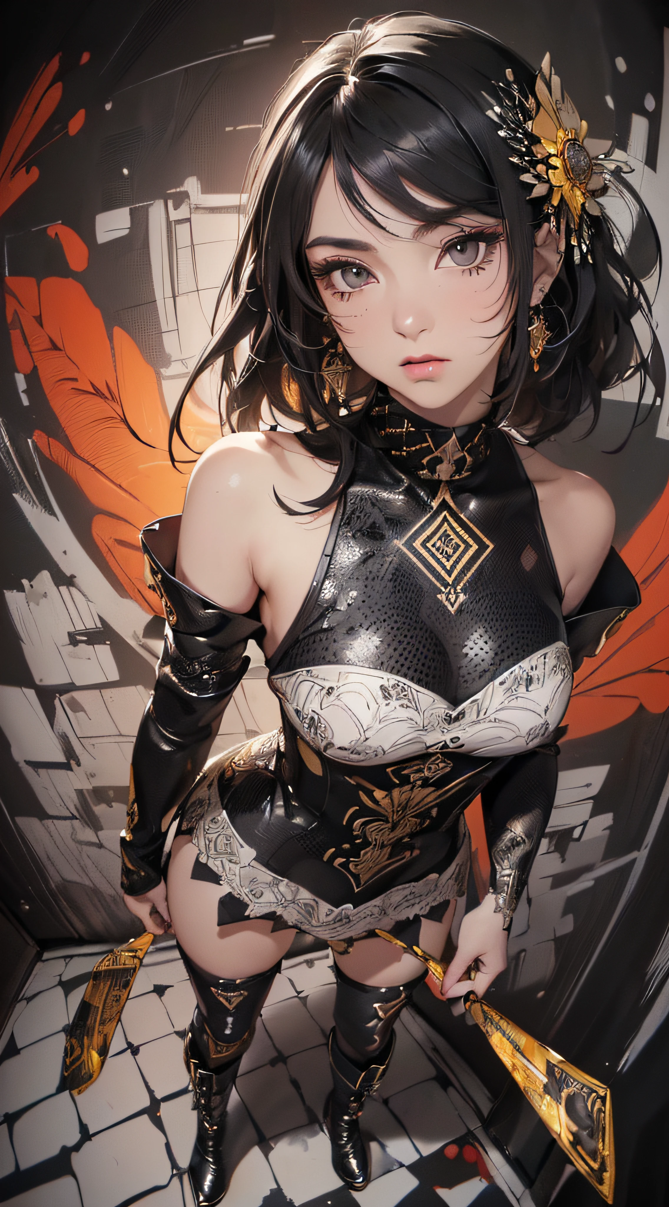 (((8k wallpaper of extremely detailed CG unit:1.2, masterpiece, hight resolution:1.2, top-quality:1.2, masutepiece))), ((a very beautiful woman, Hands in pockets:1.8, Grunge Fashion:1.2, wear a blouson:1.2, wearing boots)), ((extra detailed face, Highly detailed black eyes, extra detailed body, Top quality real texture skins)), (A dark-haired, length hair, de pele branca, Small:1.2, exposed shoulders), ((Colorful geometric patterns are painted all over the wall., Colorful wall)), (high-angle:1.2, a closeup, Fisheye:1.3), hyper realisitic, digitial painting,