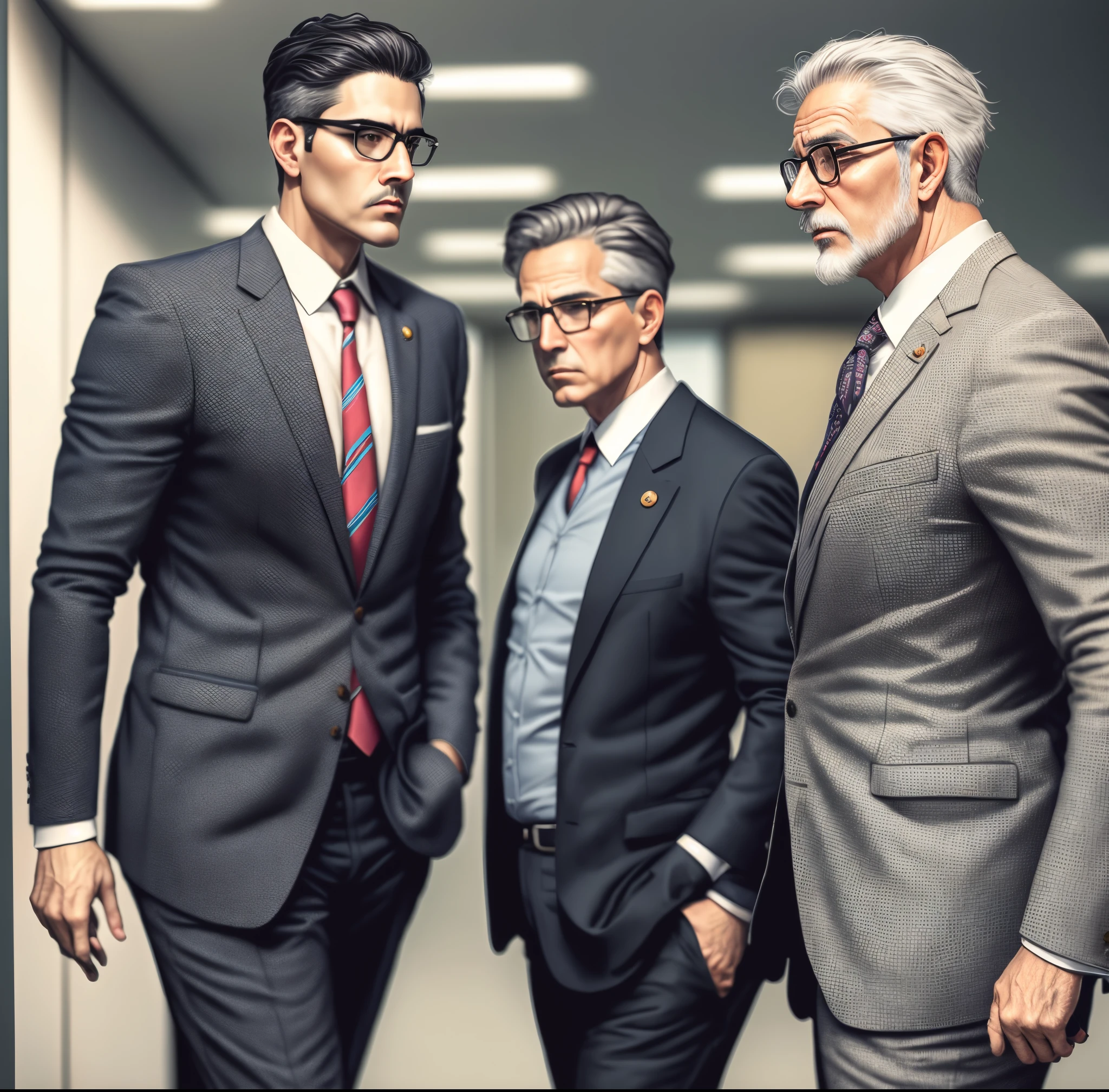 3 old men in suit discussing in office out of three one is standing