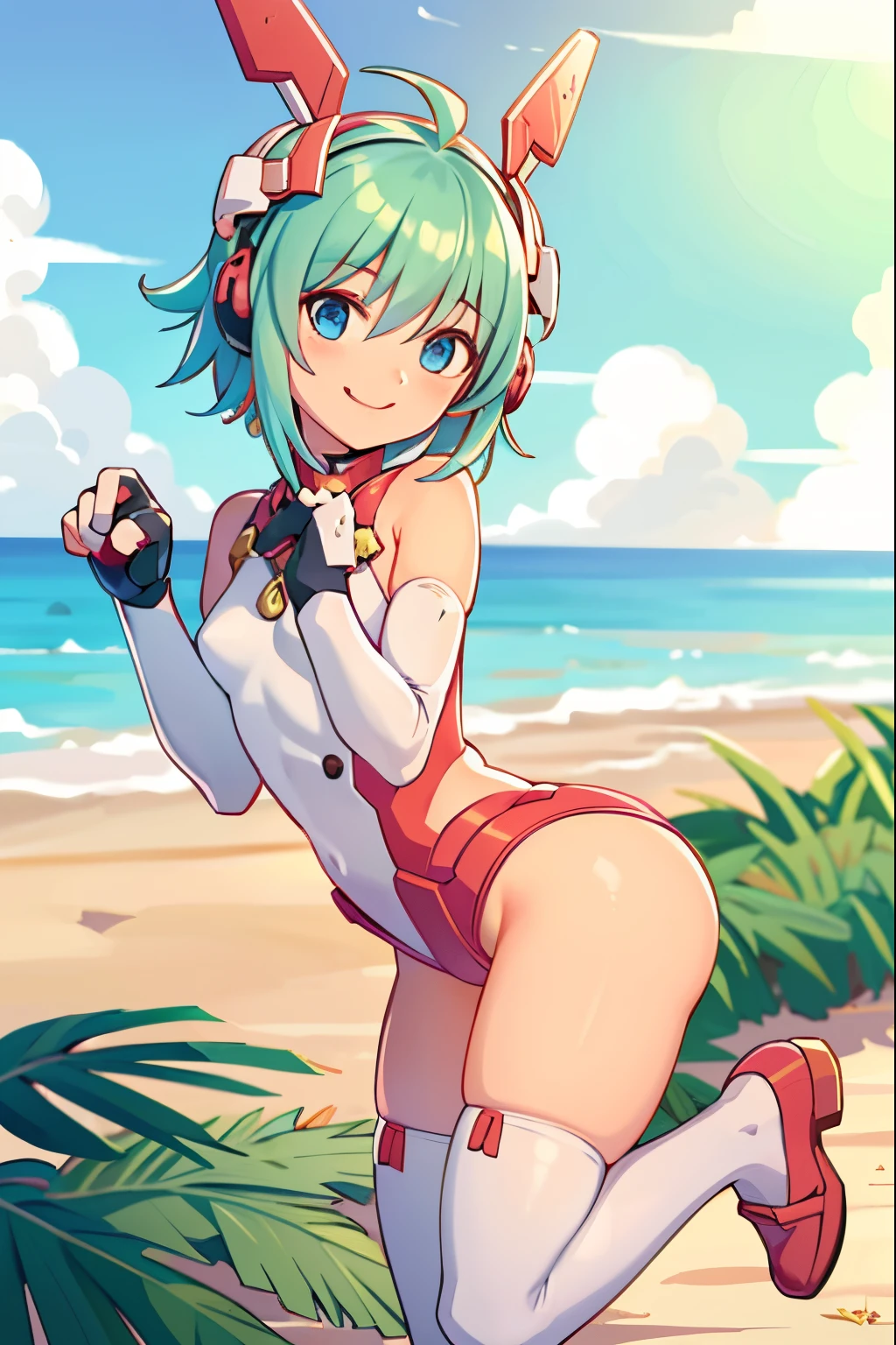 1 girl,ultra-detailed,realistic, small breasts, white brazier, small butt, cherry shorts, elbow gloves, white stockings, cherry shoes, smiling, green hair,short hair, blue eyes, mecha headgear, beach, paw pose