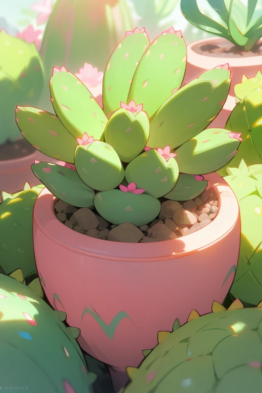 succulent plant, beautiful vibrant colours, cozy atmosphere, surrounded by other succulent plants, one cactus, best quality, ultra-detailed, realistic, ((vivid colors)), soft lighting, ((focus on one plant)), beautiful greenery, pastel colours, pink blue green, cactus flower