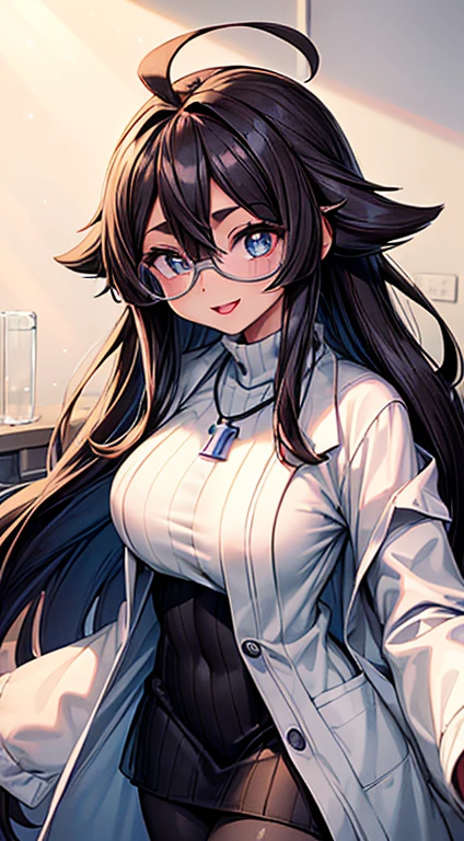 (1girl:1.5), (mad scientist), (standing, crossing her legs ), (side view), looking at a viewer, Perfect style, slender body, slim and soft, medium large breast, (super beautiful big eyes, anime style :1.5),mature, adult, beautiful face, accurate, anatomically correct, highly detailed face and skin texture, detailed eyes, blue eyes, double eyelids, thin eyebrows, glitter eyeliner: 1.2, blushed cheeks, round face, glossy skin, fair skin: 1.2, (glossy lips: 1.4), (Voluptuous lips:1.3), (heart shaped pupils), full of delight, innocent and Cute girl, BREAK (wearing a white full length labo coat:1.5), (wearing brown large ribbed turtleneck knit dress, knee-length:1.4), (putting on black pantyhose:1.5) , (( beautiful extra long hair, bang , straight, messy hair:1.6)), (black hair, vivid red as innercolors, multi haircolor:1.5), (flashy skull shaped necklace:1.5), (punk style earings), (smiling full of compassion, full of love), (very cheerful expression:1.6), BREAK (focus on her lips), ((( at her laboratory, clear light : 1.6)), (very intimate relationships:1.6), top quality, (Masterpiece: 1.3), (Maximum resolution: 1.2), (Ultra HDTV: 1.2), Cinema light, Ultra HDTV, (Detailed eyes and skin), (Detailed facial features), HDR, 8k resolution, Sharp Focus: 1.2,