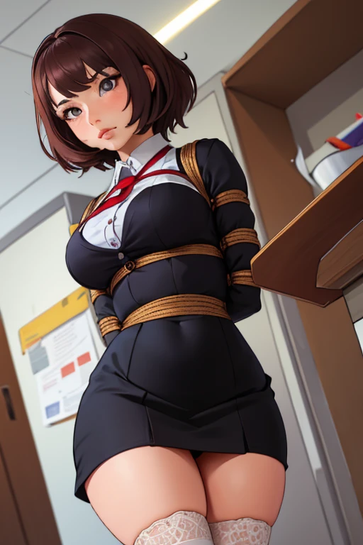 slim, (wide hips, thick thighs), scared, slender, looking at viewer, bound arms, arms behind back, (dress shirt, tie, pencil skirt), in office building, (masterpiece), (best quality:1.2), absurdres, intricate details, (highly detailed skin:1.2),
