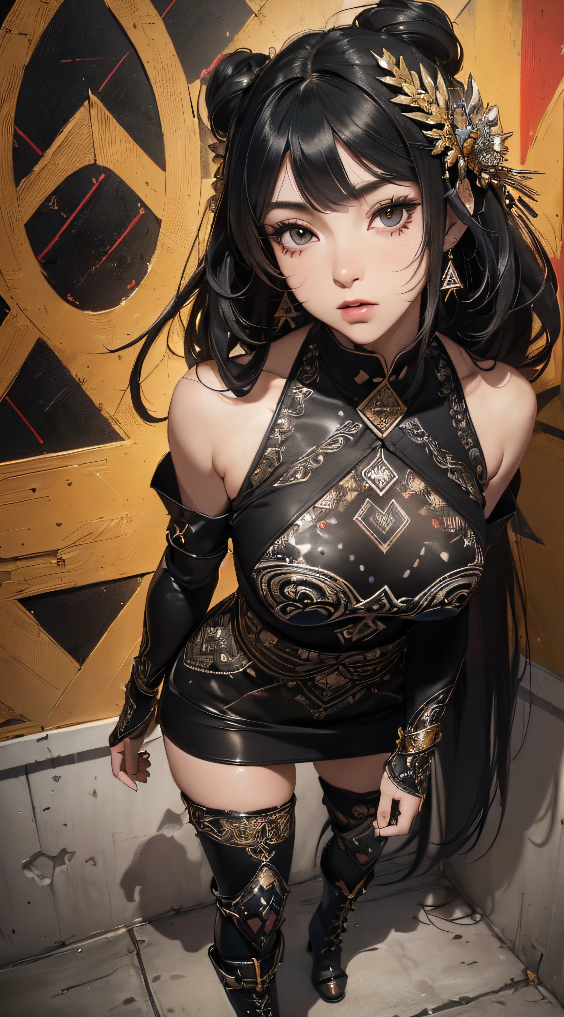 (((8k wallpaper of extremely detailed CG unit:1.2, ​masterpiece, hight resolution:1.2, top-quality:1.2, masutepiece))), ((a very beautiful woman, Hands in pockets:1.8, Grunge Fashion:1.2, wear a blouson:1.2, Wearing boots)), ((extra detailed face, Highly detailed black eyes, extra detailed body, Top quality real texture skins)), (A dark-haired, length hair, de pele branca, Exposed shoulders), ((A wall with colorful geometric patterns, Colorful wall)), (high-angle:1.2, a closeup), hyper realisitic, digitial painting,