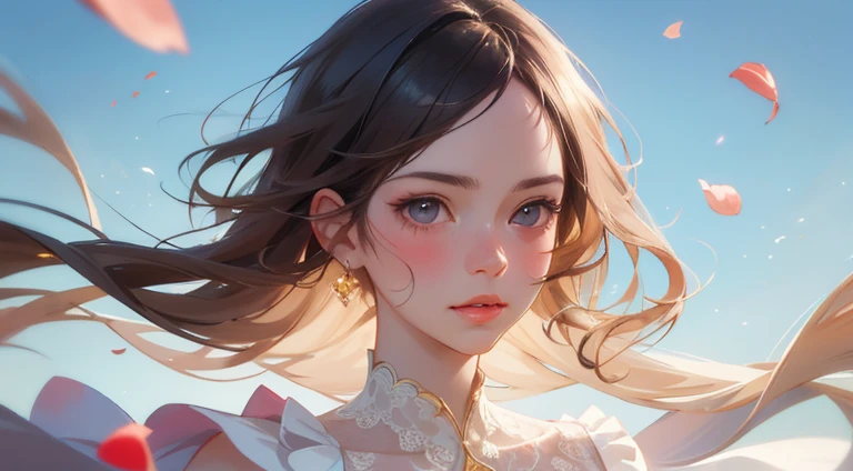 (best quality, masterpiece, ultra-realistic), 1 beautiful and delicate portrait of a girl, playful and cute, with floating petals in the background