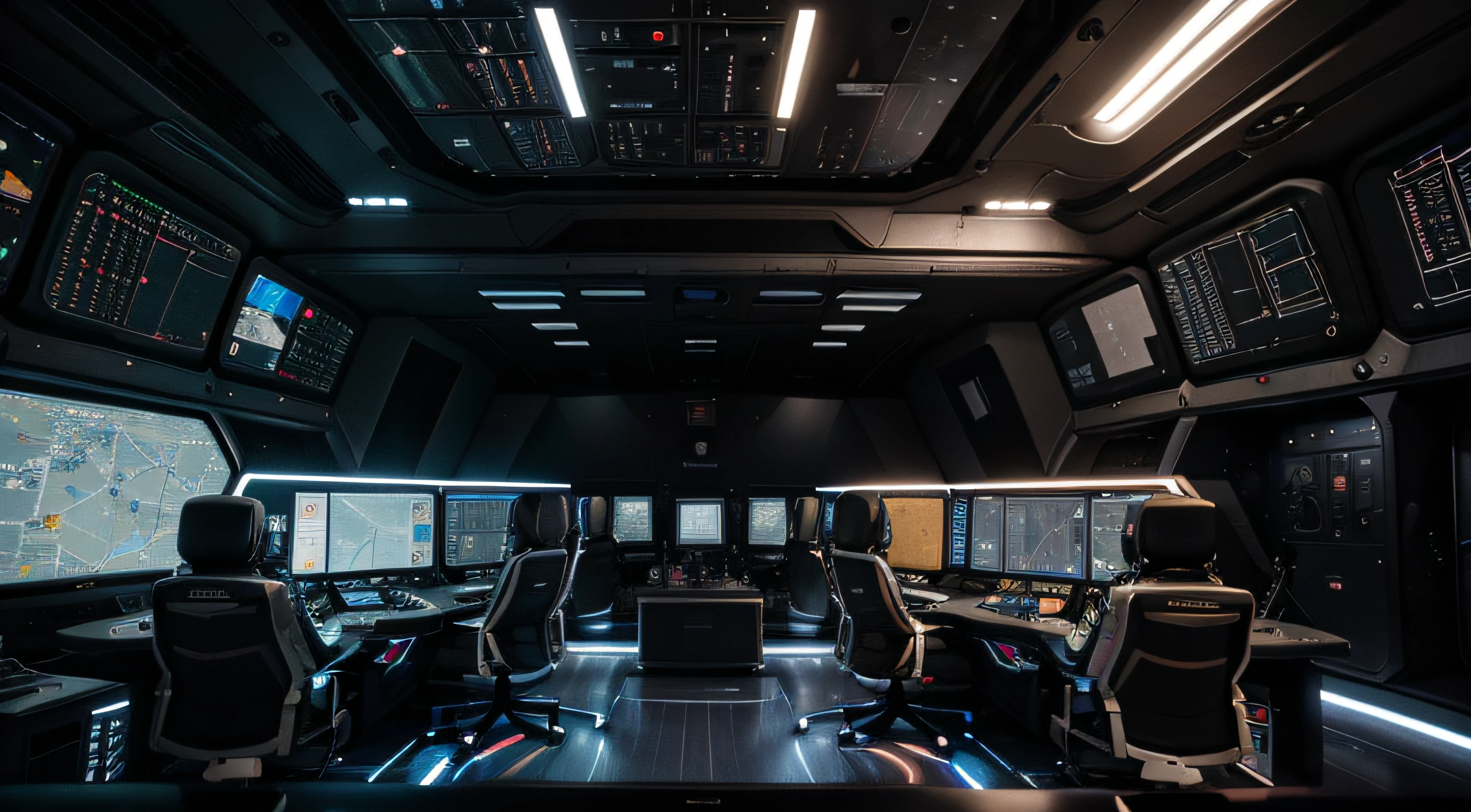 The interior of the advanced space command center, with a sense of technology, life systems, realistic metallic details, hyper-realism, bright images, large wide angle, high reality, light and dark