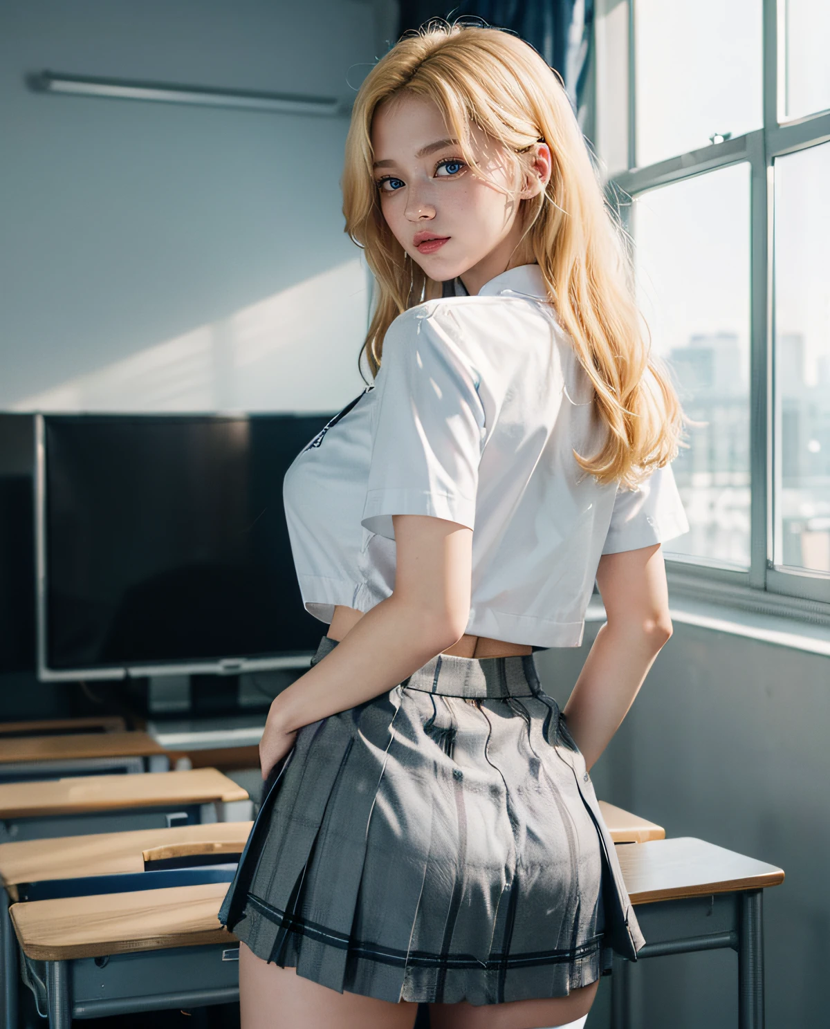 1girl, (Blue eyes), (smirk), (Sana Minatozaki), wide hips, Big Boobs, big ass, (Best Quality, 8k, Masterpiece: 1.3), perfect hands, Clear Focus: 1.2, Perfect Body Beauty: 1.4 , Slender Abs: 1.2, Highly detailed face and skin texture, detailed eyes, double eyelids, (blonde long hair), white school shirt, plaid skirt, tie black, black thigh-high stockings, leaning on a bench, in a classroom, look back, view from behind, blackboard in the background, deep on field