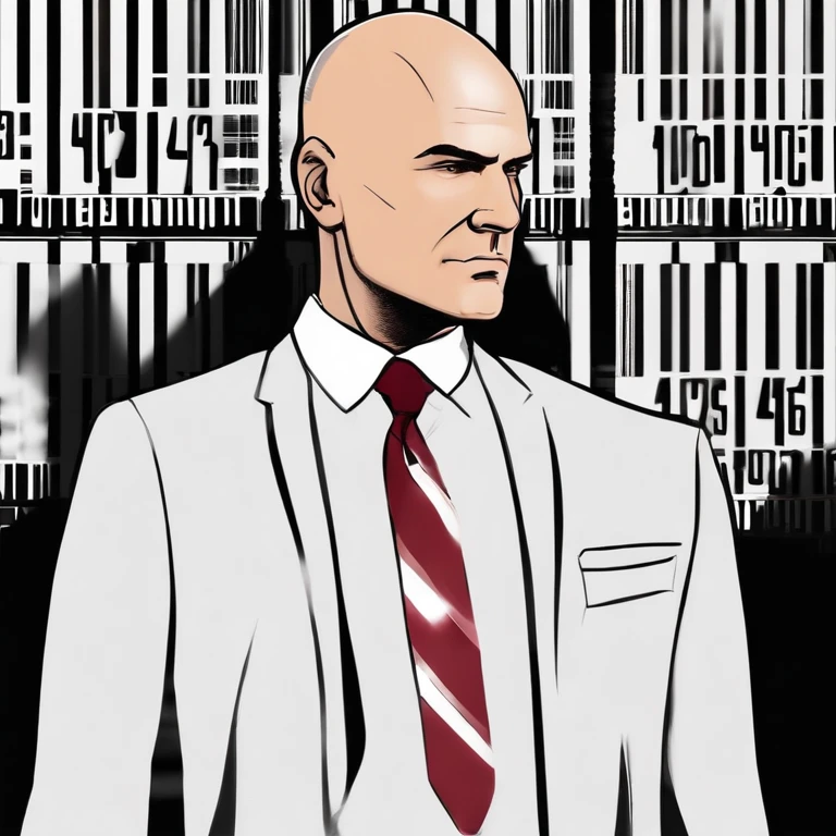 Agent 47 has a tattoo on the back of his head in the style of a barcode. He is bald. 47's typical attire consists of a black suit, black leather gloves and shoes, white dress shirt, and a burgundy tie.,Hitman series,Agent 47 has a tattoo on the back of his head in the style of a barcode. He is bald. 47's typical attire consists of a black suit, black leather gloves and shoes, white dress shirt, and a burgundy tie.,face,photo