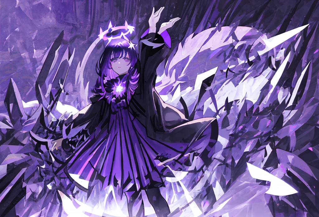1girl, fringe, dark eyes, eye shadow, in a purple and transparent robe, Woman waving her hands in the air, Dark purple bubbles, Dark Purple Wind, dark aura, luminous skin, night time, Blue & Purple Sky, dark shadows, twin drills, Shiny hair, Dark halo, glowing eyes,