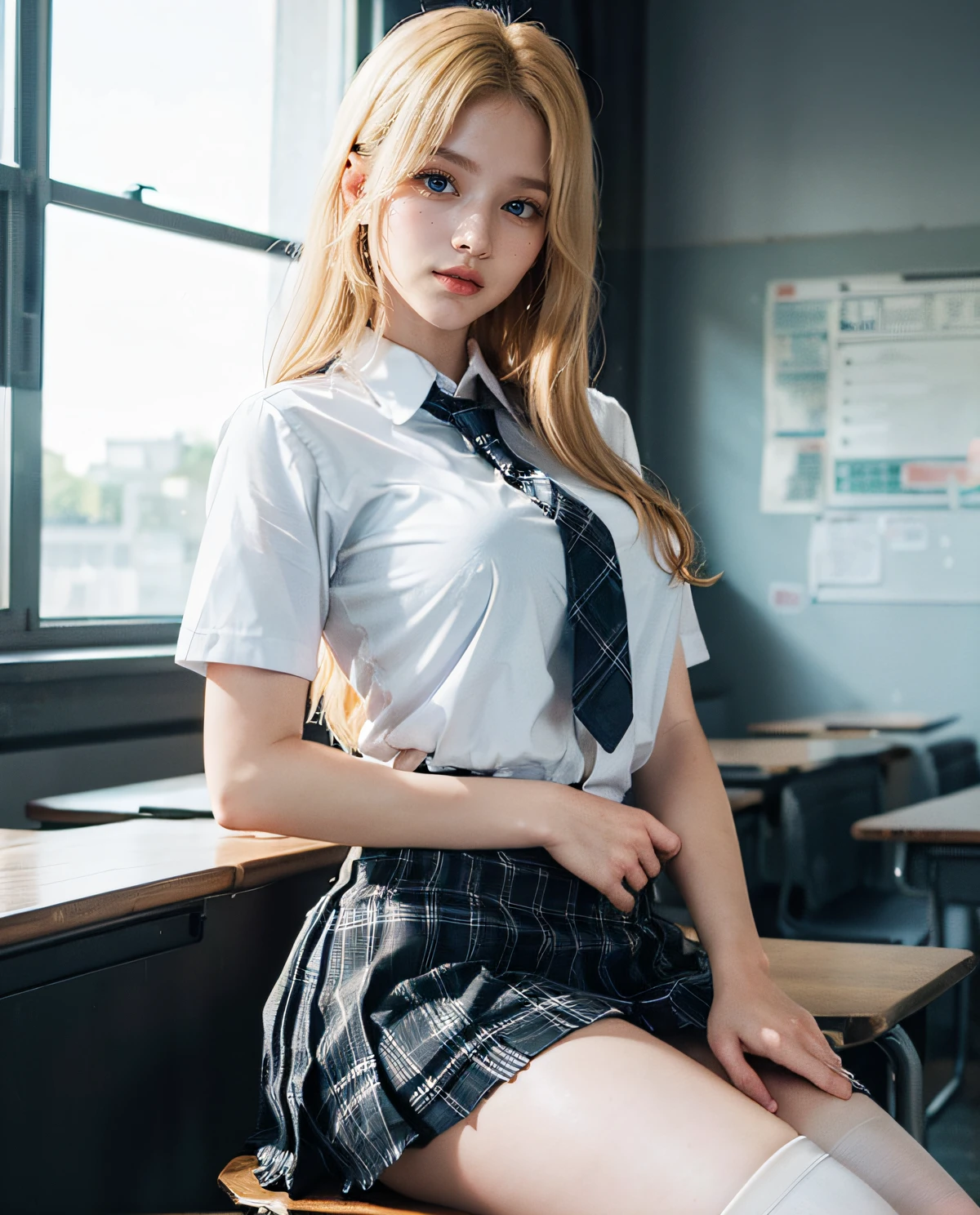 1girl, (Blue eyes), (smirk), (Sana Minatozaki), wide hips, Big Boobs, big ass, (Best Quality, 8k, Masterpiece: 1.3), perfect hands, Clear Focus: 1.2, Perfect Body Beauty: 1.4 , Slender Abs: 1.2, Highly detailed face and skin texture, detailed eyes, double eyelids, (blonde long hair), (white school shirt :1.2), (plaid skirt :1.3), tie black, black thigh-high stockings, sitting, open legs, in a classroom, blackboard in the background, deep on field