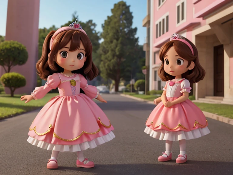 Imagem de perfil de uma menina em multiplas poses ,standingn, sentada, character animation frames, identical character design in each frame, Girl is alone with diverse expressions, rosto feliz rosto triste, brown hair, olhos castanhos, bochechas rosadas, vestindo um vestido cor-de-rosa, tiara with pink bow, sapatilha Rosa, imagem vertical, fundo branco.