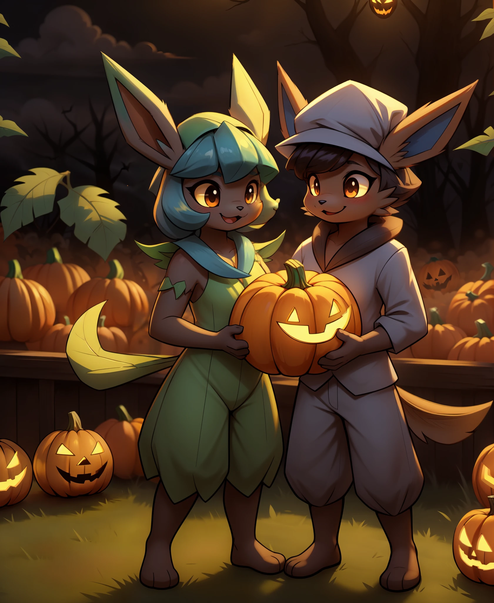 kryztar, 
halloween, nintendo, pokemon, 
eeveelution, generation_4_pokemon, glaceon, leafeon, pokemon_(species), 
absurd_res, hi_res, 
anthro, duo, female, food, fruit, halloween_costume, holidays, plant, pumpkin,