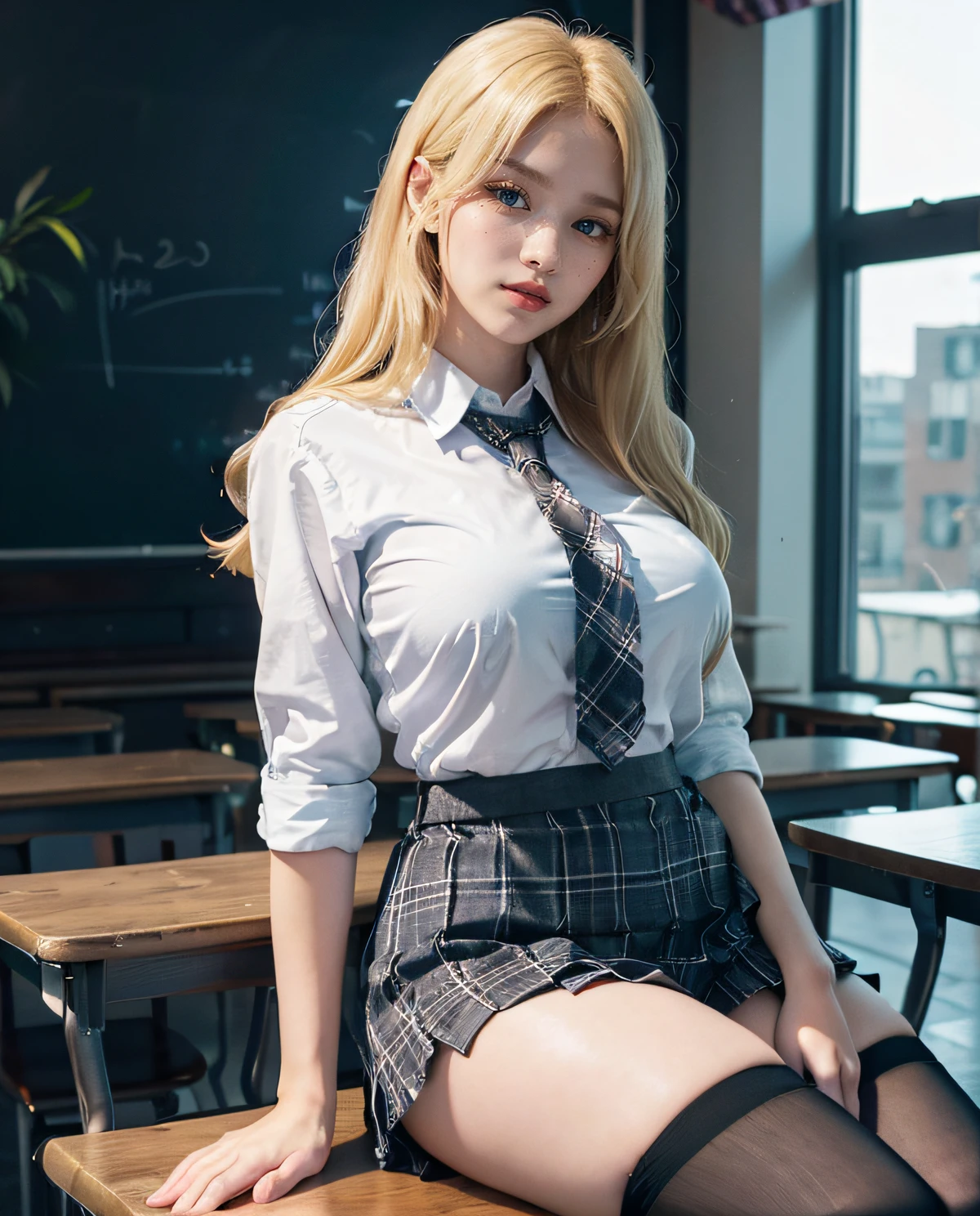 1girl, (Blue eyes), (smirk), (Sana Minatozaki), wide hips, Big Boobs, big ass, (Best Quality, 8k, Masterpiece: 1.3), perfect hands, Clear Focus: 1.2, Perfect Body Beauty: 1.4 , Slender Abs: 1.2, Highly detailed face and skin texture, detailed eyes, double eyelids, (blonde long hair), (white dress shirt :1.2), (plaid skirt :1.3), tie black, black thigh-high stockings, standing dynamic pose, in the school yard, school in the background