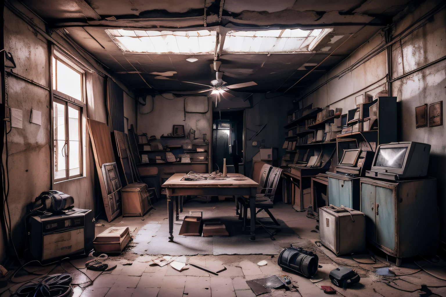 (panoramic view of a closed room), (porta de metal), sala cofre de um bunker, mesa de metal desorganizada com livros, armas, (computador velho ligado), )small generator emitting smoke), sala fechada no subsolo, paredes de concreto, water pipe running through walls. Wiring on display, quadro com fotos, weapon cabinet, bunker visto por dentro. Russia, realista, Dimly lit place, dynamic light, 8k, books scattered on the floor and chairs, estantes cheias de livros, imagem detalhada