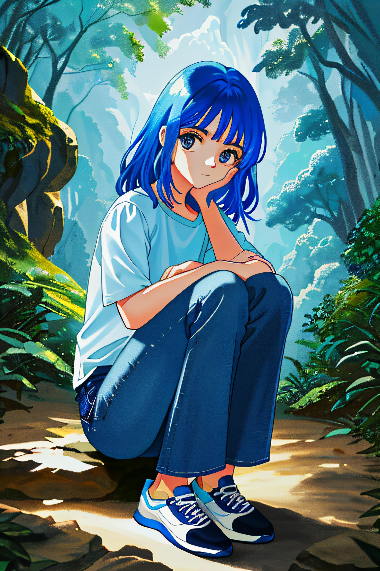 menina bonita de costas, tenis azul, don&#39;t look directly at the camera, head looking down, 10 anos de idade, Denim Jeans Pants, camisa, sitting on the floor, arms resting on the knee, olhando a paisagem melancolica, pensativa, Mystical setting, floresta encantada azul, magic hour, borboletas azuis, cura, relaxamento, melancolia, illustration, melhor qualidade, desenho, aquarela, realismo