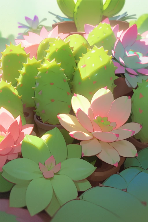 succulent plant, beautiful vibrant colours, cozy atmosphere, surrounded by other succulent plants, one cactus, best quality, ultra-detailed, realistic, ((vivid colors)), soft lighting, ((focus on one plant)), beautiful greenery, pastel colours, pink ,blue green, cactus flower