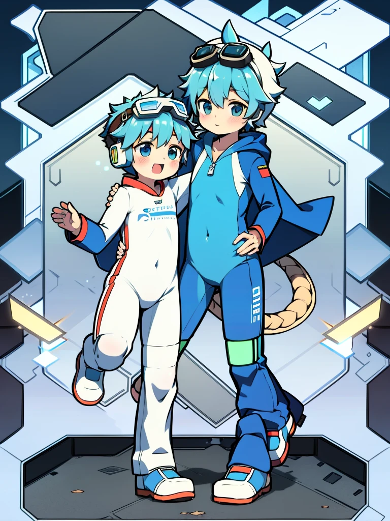 Two-dimensional boy Shota,One-piece ski suit,Wear the headphones on your head,are standing,protective goggles,rabbitears,leg loops,Cloak,are standing,having fun