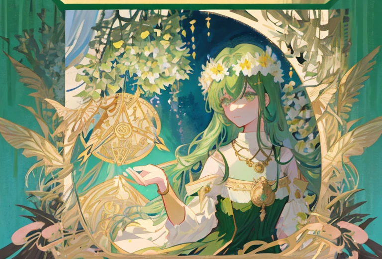 (Masterpiece, Top Quality, Best Quality, beautiful and aesthetic:1.2), (1girl:1.3), extremely detail, (Colorful:1.1), (Colorful Background1:1), (#30B3FF:1.5), (#FA52F4:1.1), highest detail, arma, holding weapon, (Glowing Weapons), Detailed background, water:1.2, Flowers:1.2, Masterpiece, 8K masterpiece、topquality、Alphonse Mucha、Jugendstil、 (Tarot card style:1.3)、Unique Tarot Card Structure, including floral and green elements、 blunt bangs、Long hair with pink double ponytails,,,、Upper torso、looking at the viewers、 In the middle of a green garden、Mysterious girl in a floral dress、Enjoy the sunshine, which illuminates flowering plants and ancient tarot symbols.、Dance with Unearthly Creatures。 roses、lily、Cherry trees、calamus、leaves、moss、vine、Elegant dresses, Inspired by nature、Necklace with flowers and leaves、耳环、circlet、A bracelet、hair ornaments、Butterflies、bird、bee、Tarot symbols, Reimagined with floral and green ornaments、godesses、Flower Garden、woods、Natural background, like a, For example, shore of the lake、Efficient use of light and shadow、 Realistic & Ультрареалистичный 3D、zentangle、