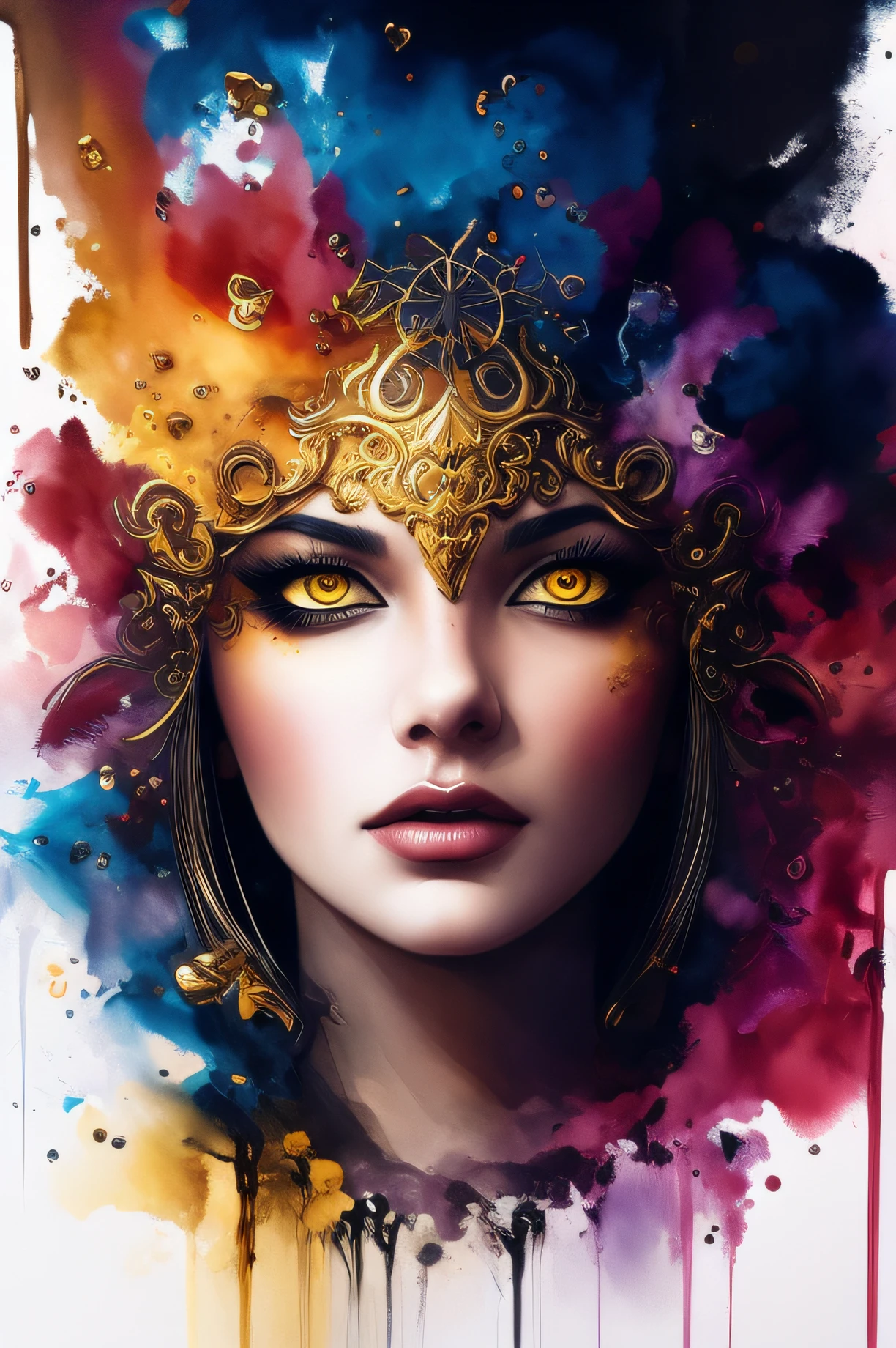 Colorful beautiful woman: Black ink flow: 8k resolution photorealistic masterpiece: by Aaron Horkey and Jeremy Mann: intricately detailed fluid gouache painting: by Jean Baptiste Mongue: calligraphy: acrylic: watercolor art, professional photography, natural lighting, volumetric lighting maximalist photoillustration: by marton bobzert: 8k resolution concept art intricately detailed, complex, elegant, expansive, fantastical, Golden Eyes. logo design